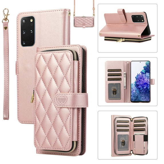Allytechgroup for Samsung Galaxy S20 Wallet Case, Premium PU Leather Magnetic Buckle Zipper Pocket Card Slots Flip Stand Protective Cover with Hand Strap & Shoulder Strap - Rosegold