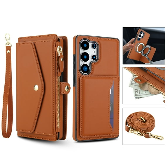 Allytechgroup for Samsung Galaxy S21+ Case with Detachable Cards Holder, Built-in Shoulder Strap Wrist Strap Compatible with MagSafe Shockproof Full Body Cover for Women Girls, Brown