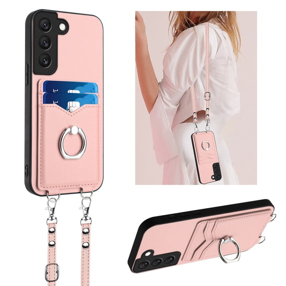 Allytechgroup Samsung Galaxy S21 FE Case with Cards Holder, Crossbody Shoulder Strap Ring Holder Kicsktand Bumper Shockproof Slim Fit Wallet Case Cover for Samsung Galaxy S21 FE, Rosegold