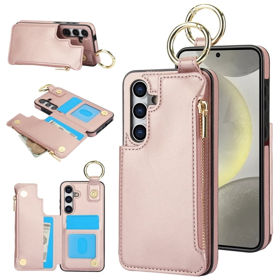 Allytechgroup for Samsung Galaxy S21 FE Wallet Case, Zipper Pocket Cards Holder RFID Blocking Ring Holder Stand Bumper Shockproof PU Leather Retro Phone Case for Samsung Galaxy S21 FE, Rosegold