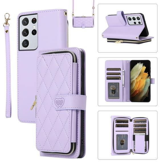 Allytechgroup for Samsung Galaxy S21 Ultra Wallet Case, Premium PU Leather Magnetic Buckle Zipper Pocket Card Slots Flip Stand Protective Cover with Hand Strap & Shoulder Strap - Purple