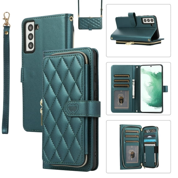 Allytechgroup for Samsung Galaxy S21 Wallet Case, Premium PU Leather Magnetic Buckle Zipper Pocket Card Slots Flip Stand Protective Cover with Hand Strap & Shoulder Strap - Darkgreen