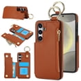 thumbnail image 1 of Allytechgroup for Samsung Galaxy S21 Wallet Case, Zipper Pocket Cards Holder RFID Blocking Ring Holder Stand Bumper Shockproof PU Leather Retro Phone Case for Samsung Galaxy S21, Brown, 1 of 9