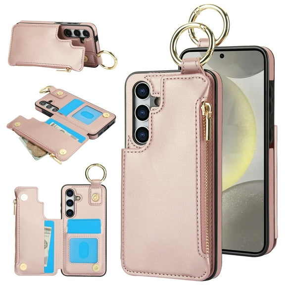Allytechgroup for Samsung Galaxy S21 Wallet Case, Zipper Pocket Cards Holder RFID Blocking Ring Holder Stand Bumper Shockproof PU Leather Retro Phone Case for Samsung Galaxy S21, Rosegold