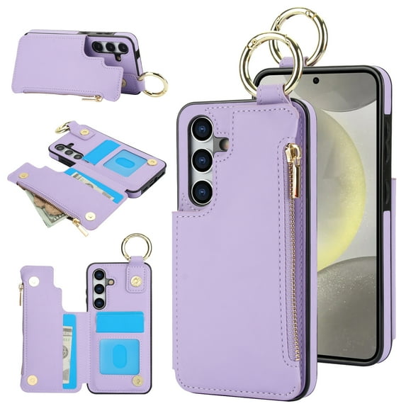 Allytechgroup for Samsung Galaxy S22 Plus Wallet Case, Zipper Pocket Cards Holder RFID Blocking Ring Holder Stand Bumper Shockproof PU Leather Retro Phone Case for Samsung Galaxy S22 Plus, Violet