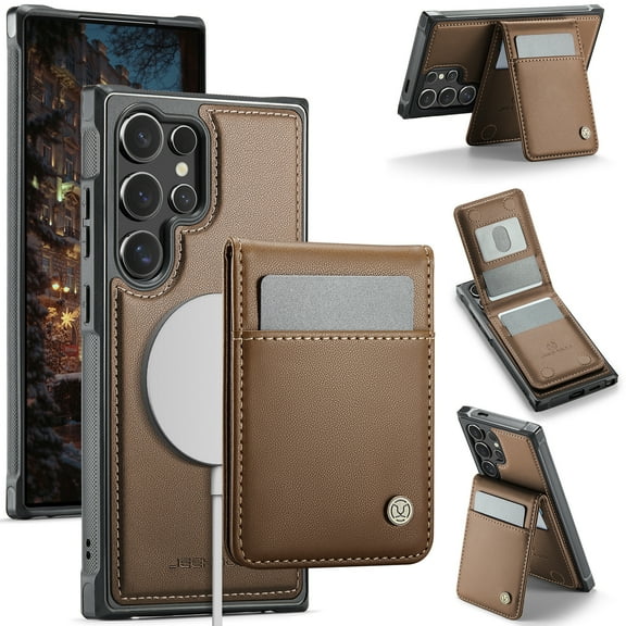 Allytechgroup for Samsung Galaxy S22 Ultra Case, Pu Leather Detachable Cards Holder 2 In 1 Wallet Case Comaptible with Magsafe Kickstand Magnetic Shockproof Back Cover for Galaxy S22 Ultra, Brown