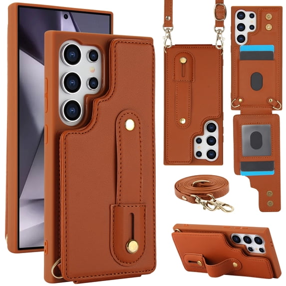 Allytechgroup Samsung Galaxy S22 Ultra Case Wallet, Premium PU Leather Cover with Cards Holder Detacaahble Crossbody Lanyard & Hand Strap Shockproof Phone Case for Samsung Galaxy S22 Ultra, Brown
