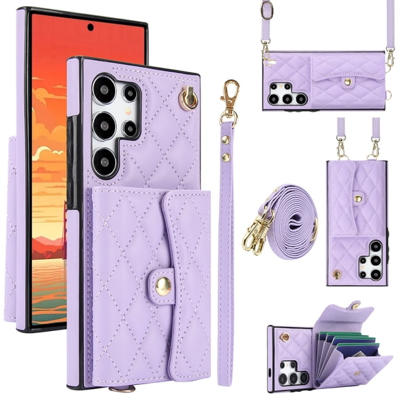 Allytechgroup for Samsung Galaxy S22 Ultra Wallet Case with 5 Cards Holders, Detachable Hand Strap & Shoulder Lanyard RFID Blocking Shockproof Protective Phone Case for Girls Women, Violet