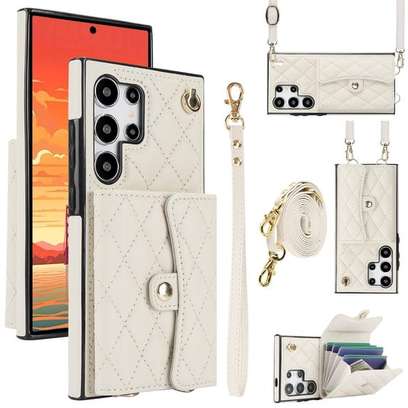 Allytechgroup for Samsung Galaxy S22 Ultra Wallet Case with 5 Cards Holders, Detachable Hand Strap & Shoulder Lanyard RFID Blocking Shockproof Protective Phone Case for Girls Women, White