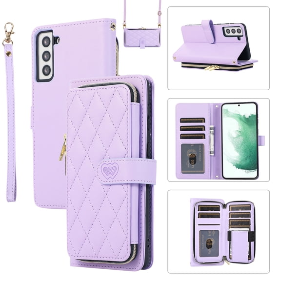 Allytechgroup for Samsung Galaxy S22 Wallet Case, Premium PU Leather Magnetic Buckle Zipper Pocket Card Slots Flip Stand Protective Cover with Hand Strap & Shoulder Strap - Purple