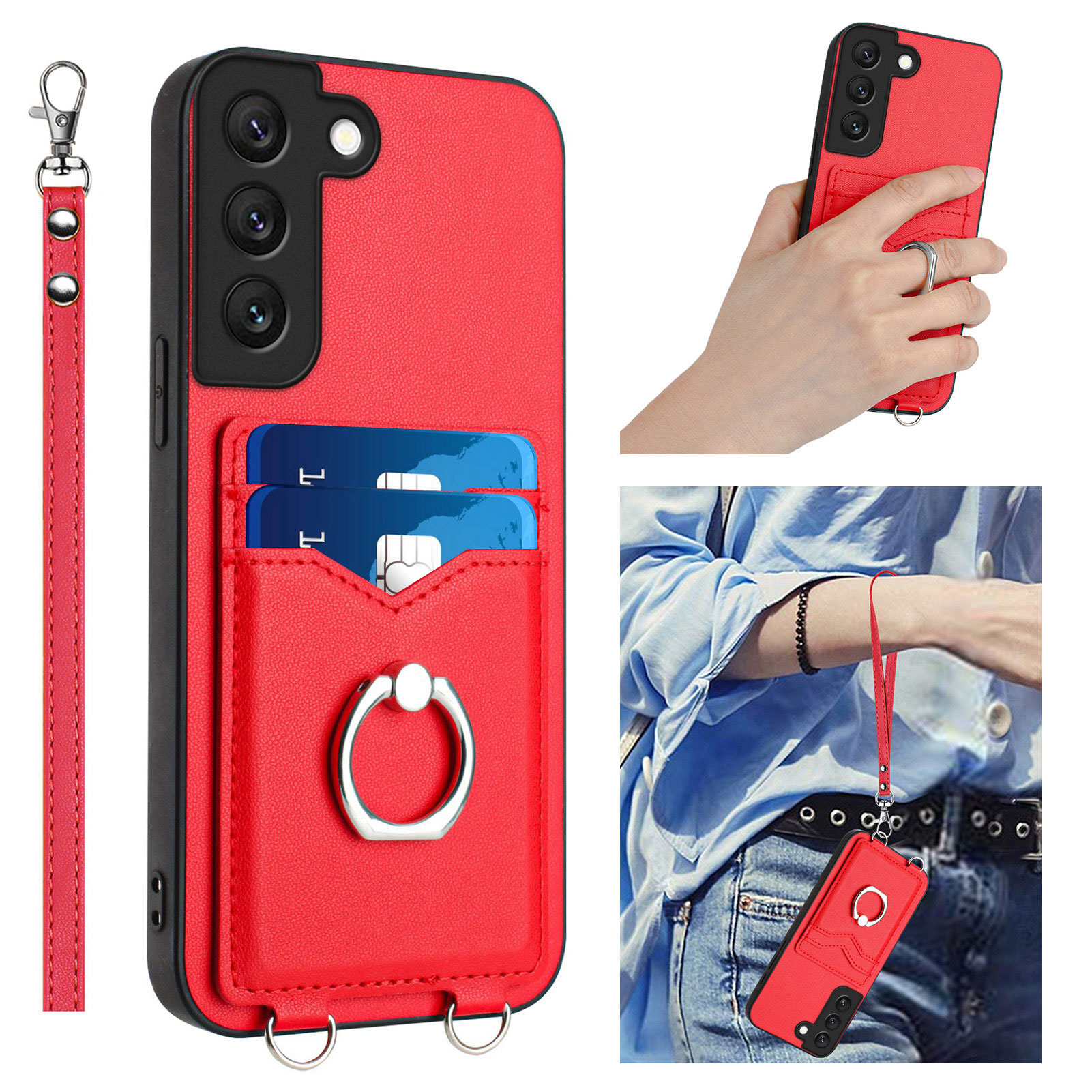 Allytechgroup Samsung Galaxy S22 Wallet Case for Women Men, Premium PU Leather Shockproof Hand Wrist Slim Fit Back Cover Phone Case for Samsung Galaxy S22, Red