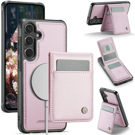 Allytechgroup for Samsung Galaxy S23 FE Case, Pu Leather Detachable Cards Holder 2 In 1 Wallet Case Comaptible with Magsafe Kickstand Magnetic Shockproof Back Cover for Samsung Galaxy S23 FE, Pink