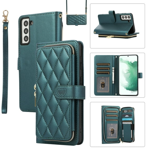 Allytechgroup for Samsung Galaxy S23 Plus Wallet Case, Premium PU Leather Magnetic Buckle Zipper Pocket Card Slots Flip Stand Protective Cover with Hand Strap & Shoulder Strap - Darkgreen