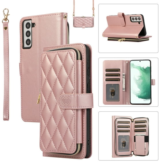 Allytechgroup for Samsung Galaxy S23 Plus Wallet Case, Premium PU Leather Magnetic Buckle Zipper Pocket Card Slots Flip Stand Protective Cover with Hand Strap & Shoulder Strap - Rosegold