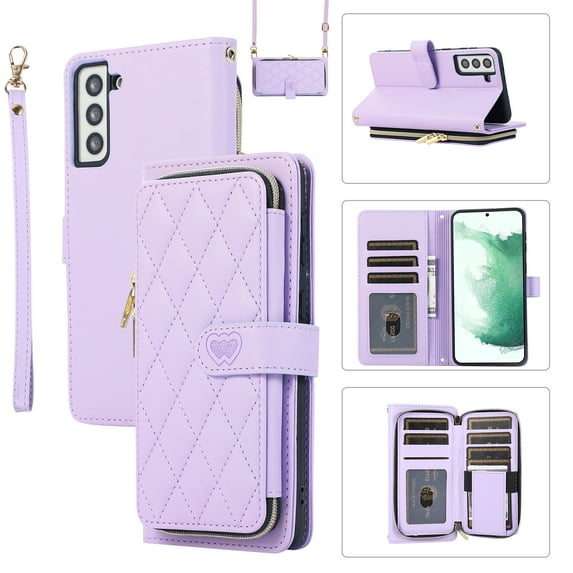 Allytechgroup for Samsung Galaxy S23 Plus Wallet Case, Premium PU Leather Magnetic Buckle Zipper Pocket Card Slots Flip Stand Protective Cover with Hand Strap & Shoulder Strap - Purple