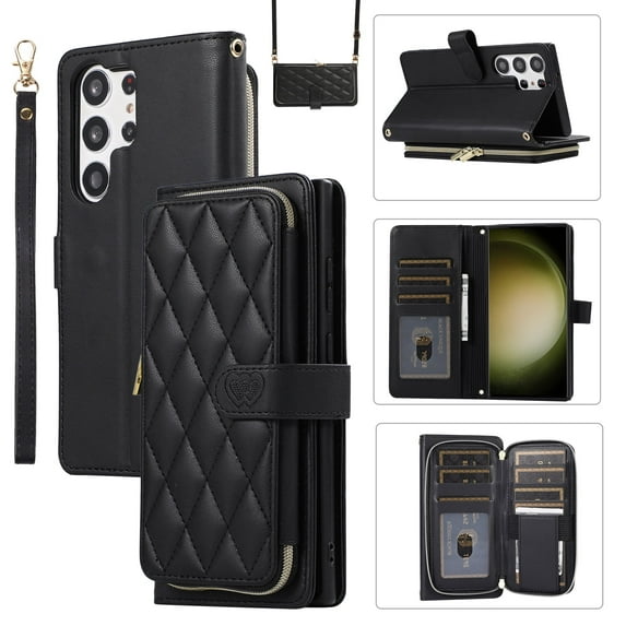 Allytechgroup for Samsung Galaxy S23 Ultra Wallet Case, Premium PU Leather Magnetic Buckle Zipper Pocket Card Slots Flip Stand Protective Cover with Hand Strap & Shoulder Strap - Black