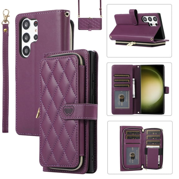 Allytechgroup for Samsung Galaxy S23 Ultra Wallet Case, Premium PU Leather Magnetic Buckle Zipper Pocket Card Slots Flip Stand Protective Cover with Hand Strap & Shoulder Strap - Darkpurple
