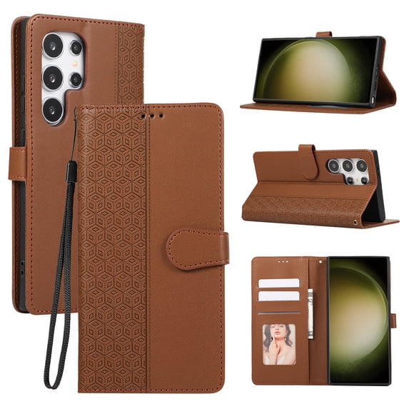 Allytechgroup for Samsung Galaxy S23 Ultra Wallet Case, Stylish Phone Case with Card Slots RFID Blocking Flip Stand PU Leather Shockproof Convenient Hand Wrist Case Cover for Galaxy S23 Ultra,Brown