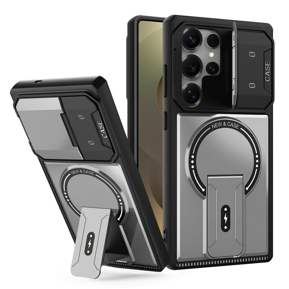 Allytechgroup for Samsung Galaxy S24 Case with Camera Cover/ Kickstand [Compatible with MagSafe] Magnetic Case Hard PC + Soft TPU Back Shockproof Military Grade Shell for Women Men, Gray