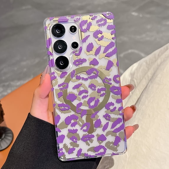 Allytechgroup for Samsung Galaxy S24+ Case, Glossy Leopard Print Back Cover Support Wireless Charging Shock-Absorbent PC+TPU, Magnetic Flat Design Case for Samsung Galaxy S24+, Purple