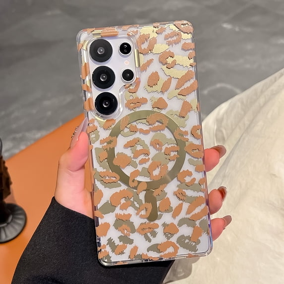 Allytechgroup for Samsung Galaxy S24+ Case, Glossy Leopard Print Back Cover Support Wireless Charging Shock-Absorbent PC+TPU, Magnetic Flat Design Case for Samsung Galaxy S24+, Yellow