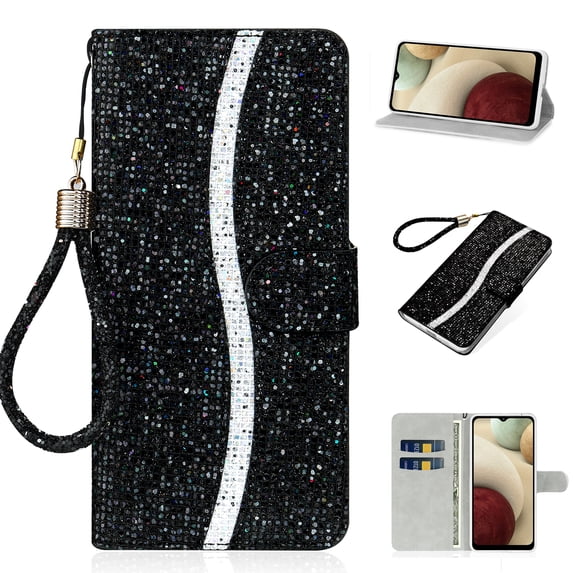 Allytechgroup for Samsung Galaxy S24 FE Case, Luxury Bling Glitter Sparkly PU Leather Shockproof TPU Anti-Scratch Flip Card Slots Wallet Stand Case with Hand Strap for Samsung Galaxy S24 FE, Black
