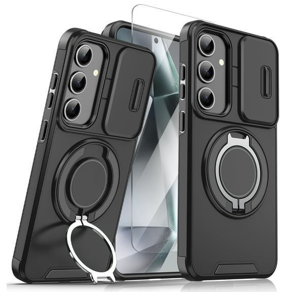 Allytechgroup for Samsung Galaxy S24 FE Case with Stand, [Slide Camera Cover] with 1X Screen Protectors Heavy Drop Shockproof Protective Cover for Women Men, Black