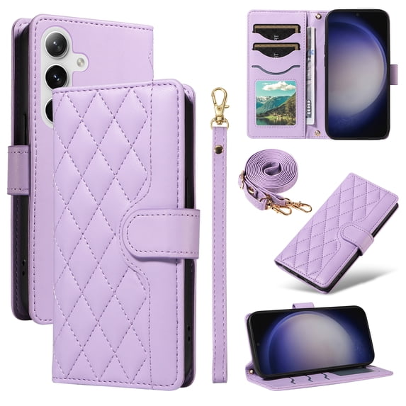 Allytechgroup For Samsung Galaxy S24 FE Case Wallet, Premium PU Leather Cards Slots Hand Wrist Shoulder Strap Flip Cover Stand Protective Phone Case for Samsung Galaxy S24 FE, Purple