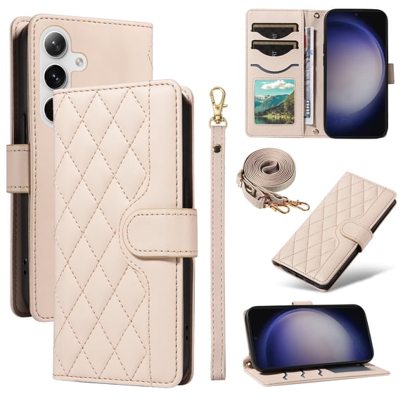 Allytechgroup For Samsung Galaxy S24 FE Case Wallet, Premium PU Leather Cards Slots Hand Wrist Shoulder Strap Flip Cover Stand Protective Phone Case for Samsung Galaxy S24 FE, Beige