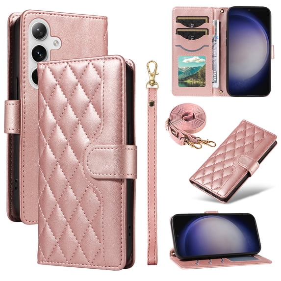 Allytechgroup For Samsung Galaxy S24 FE Case Wallet, Premium PU Leather Cards Slots Hand Wrist Shoulder Strap Flip Cover Stand Protective Phone Case for Samsung Galaxy S24 FE, Rosegold