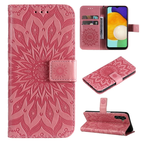 Allytechgroup for Samsung Galaxy S24 FE Case Wallet, Sunflower Embossed PU Leather Flip Cover Stand Hand Strap Shockproof Stylish Cards Slots Phone Case for Samsung Galaxy S24 FE, Pink