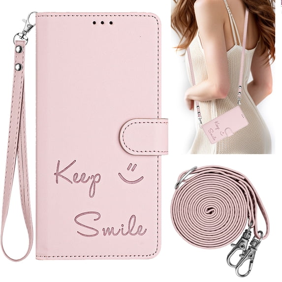 Allytechgroup for Samsung Galaxy S24 FE Wallet Case, Flip Cover with Hand Strap & Crossbody Lanyard, Card Holder, Protective Smile Design Phone Case Cover for Samsung Galaxy S24 FE,Pink