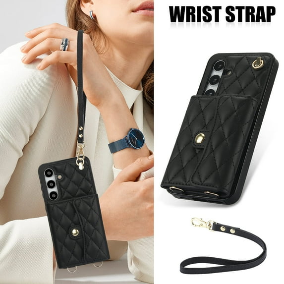 Allytechgroup for Samsung Galaxy S24 Plus Wallet Case with 5 Cards Holders, Detachable Hand Strap & Shoulder Lanyard RFID Blocking Shockproof Protective Phone Case for Girls Women, Black