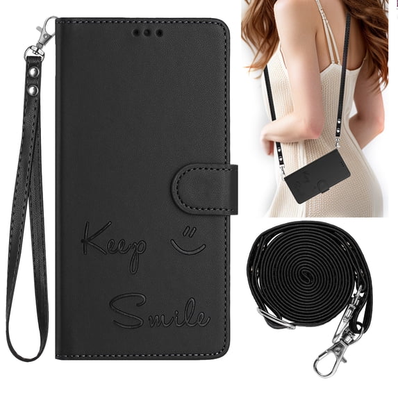 Allytechgroup for Samsung Galaxy S24+ Plus Wallet Case, Flip Cover with Hand Strap & Crossbody Lanyard, Card Holder, Protective Smile Design Phone Case Cover for Samsung Galaxy S24+ Plus,Black