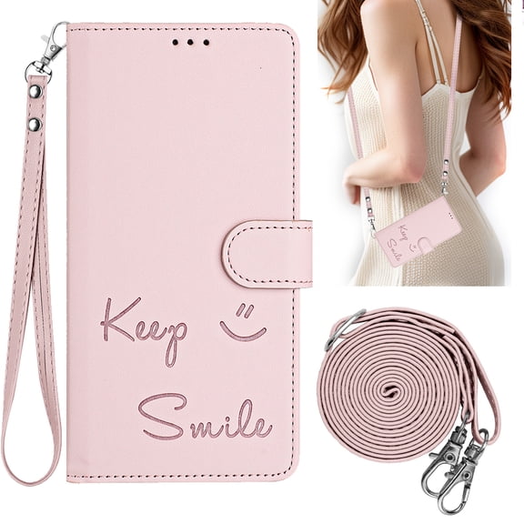 Allytechgroup for Samsung Galaxy S24+ Plus Wallet Case, Flip Cover with Hand Strap & Crossbody Lanyard, Card Holder, Protective Smile Design Phone Case Cover for Samsung Galaxy S24+ Plus,Pink