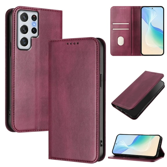 Allytechgroup for Samsung Galaxy S24 Ultra Case Folio Stand RFID Blocking [Wireless Charging] Magnetic Wallet Cover with Credit Card Holder/Cash Pocket PU Leather Soft TPU Shockproof Cover, Winered