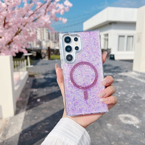 Allytechgroup for Samsung Galaxy S24 Ultra Case, Shock-Absorbent Support Wireless Charging Non-Slip Glitter Rugged Shockproof Protective Magnetic Back Cover for Samsung Galaxy S24 Ultra, Purple