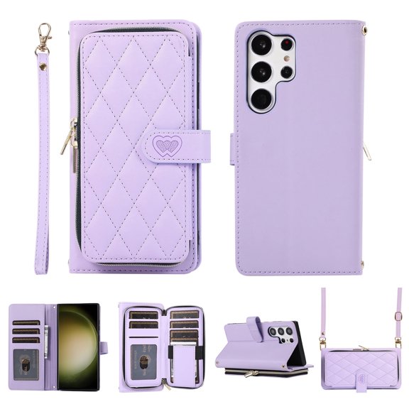 Allytechgroup for Samsung Galaxy S24 Ultra Wallet Case, Premium PU Leather Magnetic Buckle Zipper Pocket Card Slots Flip Stand Protective Cover with Hand Strap & Shoulder Strap - Purple