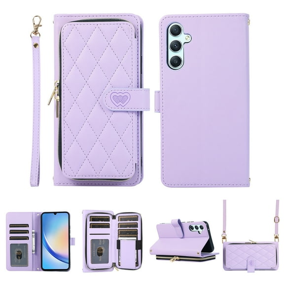 Allytechgroup for Samsung Galaxy S24 Wallet Case, Premium PU Leather Magnetic Buckle Zipper Pocket Card Slots Flip Stand Protective Cover with Hand Strap & Shoulder Strap - Purple