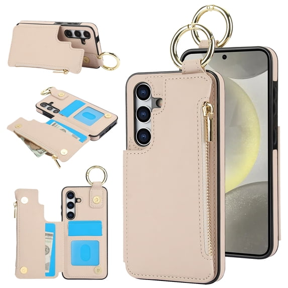 Allytechgroup for Samsung Galaxy S24 Wallet Case, Zipper Pocket Cards Holder RFID Blocking Ring Holder Stand Bumper Shockproof PU Leather Retro Phone Case for Samsung Galaxy S24, White