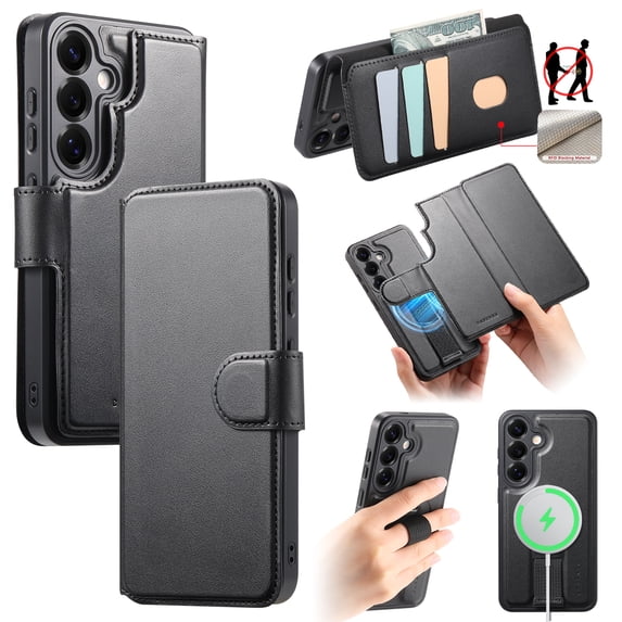 Allytechgroup for Samsung Galaxy S25 Case, 2-in-1 Wallet Phone Cover with Detachable PU Leather Card Holder, Magnetic MagSafe-Compatible RFID Blocking Protective Case & Wristband, Black