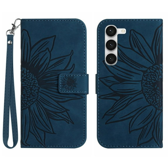 Allytechgroup for Samsung Galaxy S25 Case, Embossed Sunflower PU Leather & TPU Anti-Scratch Shockproof Magnetic Button Protective Kickstand Case for Samsung Galaxy S25, Inkblue