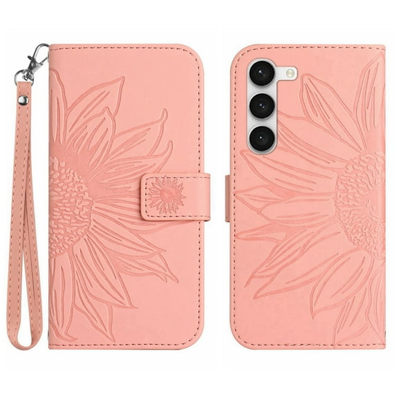 Allytechgroup for Samsung Galaxy S25 Case, Embossed Sunflower PU Leather & TPU Anti-Scratch Shockproof Magnetic Button Protective Kickstand Case for Samsung Galaxy S25, Pink