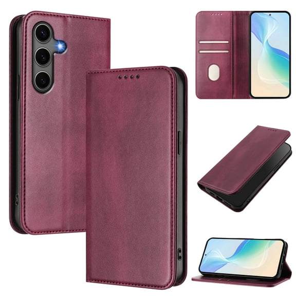 Allytechgroup for Samsung Galaxy S25 Case Folio Stand [RFID Blocking] Wireless Charging Magnetic Wallet Cover with Credit Card Holder/Cash Pocket PU Leather & Soft TPU Shockproof Cover, Winered