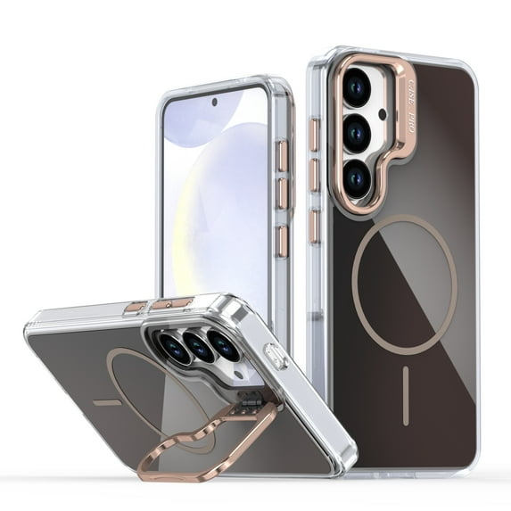 Allytechgroup for Samsung Galaxy S25 Case with Kickstand,Compatible with MagSafe Wireless Charging Military-Grade Drop Protection, Aluminum Buttons, Anti-Yellowing Shockproof Cover, Gold
