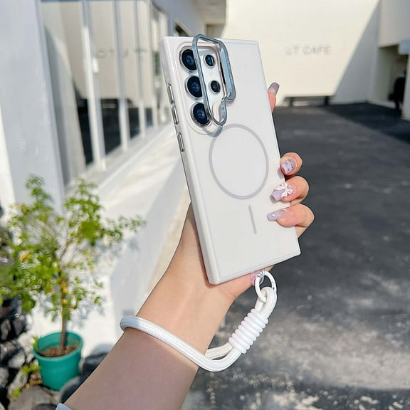 Allytechgroup for Samsung Galaxy S25 Case with Lanyard, Built-in Camera Lens Kickstand Support Wireless Charging Rugged Heavy Duty Durable Shockproof Magnetic Back Cover for Women Men, White