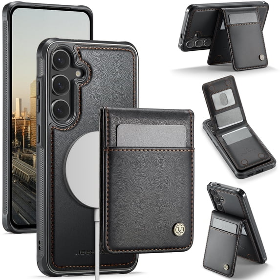 Allytechgroup for Samsung Galaxy S25+ Case, PU Leather Detachable Cards Holder 2 In 1 Wallet Case Comaptible with MagSafe Kickstand Magnetic Shockproof Back Cover for Samsung Galaxy S25+, Black