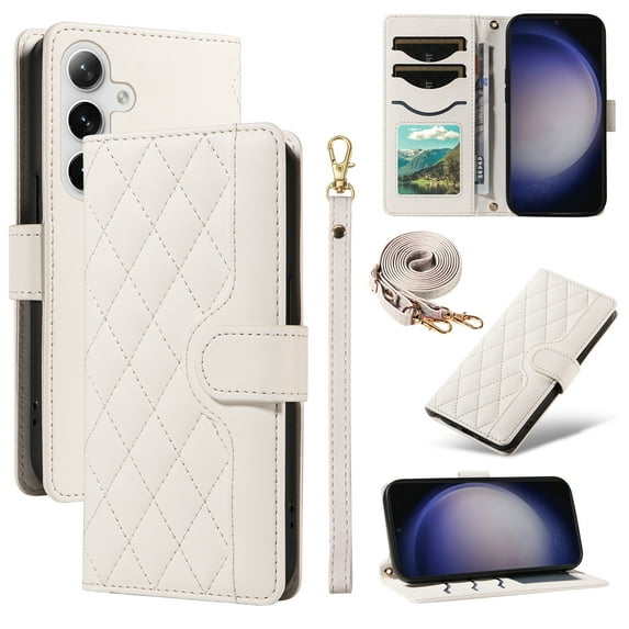 Allytechgroup For Samsung Galaxy S25 Case Wallet, Premium PU Leather Cards Slots Hand Wrist Shoulder Strap Flip Cover Stand Protective Phone Case for Samsung Galaxy S25, White