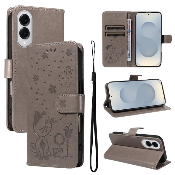 Allytechgroup for Samsung Galaxy S25 Edge Case Folio Stand Magnetic Closure Wallet Case with Cash Slots Card Pocket Wrist Strap Embossed Flower Cat PU Leather Soft TPU Back Shockproof Cover, Gray