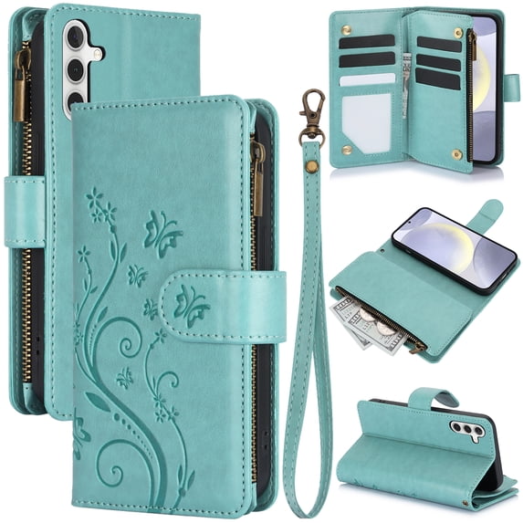 Allytechgroup for Samsung Galaxy S25 Edge Case, PU Leather Phone Case for Samsung Galaxy S25 Edge with Stylish Pattern Zipper Pocket Card Slots Hand Strap & Flip Stand Cover, Green